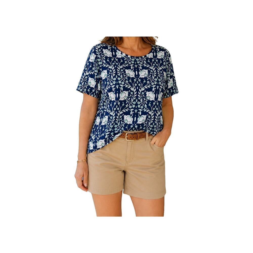 Navy Botanical Floral Tee Cotton Stretch Short Sleeve Petite XL Casual Coastal